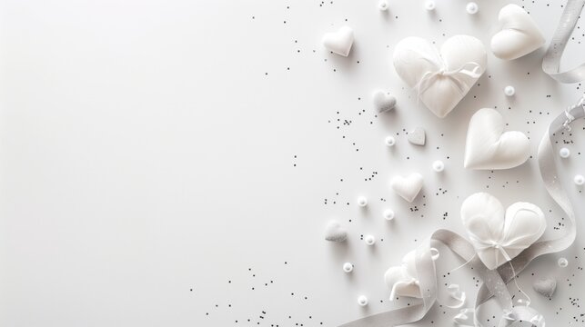 White hearts with glitter, silver ribbon and confetti on white background