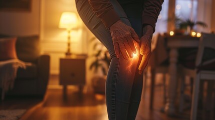 A woman pausing mid-step, hands on her knee, capturing the sudden flare of arthritis pain in her leg - obrazy, fototapety, plakaty