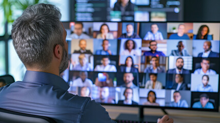 A woman sitting at a computer. She is on zoom and the screen show boxes with images of other people in a meeting