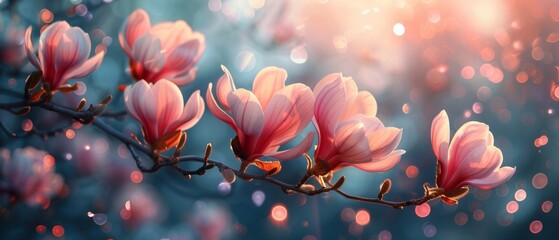 This mysterious spring background has pink magnolia flowers blooming with glowing bokeh. This is a fantasy floral banner.