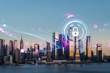 New York skyline with a hologram lock symbol, representing security technology concept, during twilight. Double exposure - obrazy, fototapety, plakaty
