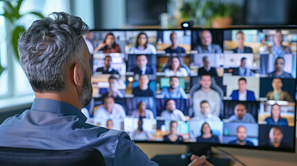 A woman sitting at a computer. She is on zoom and the screen show boxes with images of other people in a meeting