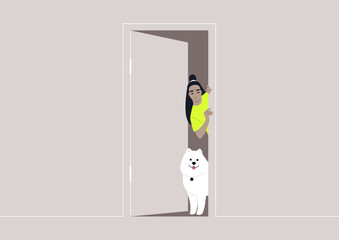 A Curious Glimpse From Behind a Doorway, A dog and their owner exchange playful looks around an ajar door - obrazy, fototapety, plakaty