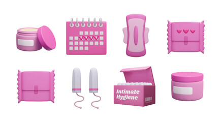 Pink 3D menstruation icon set isolated on white. Female intimate hygiene products: menstrual tampons, sanitary pad, fertility menstrual calendar, moisturizer facial cream jars. Cute cartoon style 3D.