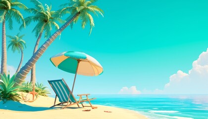 Fototapeta na wymiar Beach Vacation Illustration: Relaxing Under Palm Trees and Beach Umbrellas