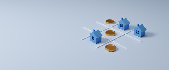 Home and real estate concepts, Tic tac toe xo game home and coin. Money saving to loan house, property of financial, money investment. Financial success and growth concept. Copy space. 3d rendering