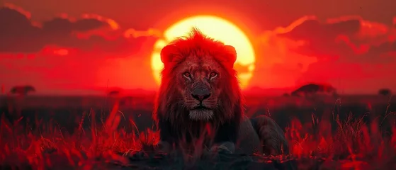 Papier Peint photo Rouge Spectacular sunlight and dramatic cloud formations, African lion on a savanna landscape, king of animals. A proud fantasy lion in the savanna looking forward.