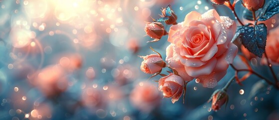 Luminous spring or summer floral banner in soft pastel colors and glowing bokeh with blooming pink rose flowers and flying peacock eye butterflies