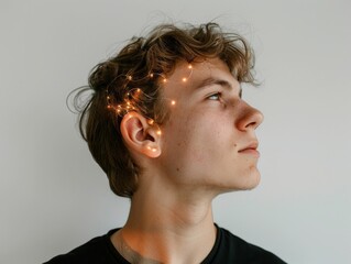 Young man with charming smile standing in the dark with a string of bright lights on his head