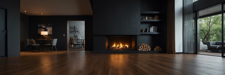 black theme empty living room home interior with wooden floor, fireplace and adequate lighting panoramic wide angle from Generative AI - obrazy, fototapety, plakaty