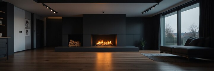 black theme empty living room home interior with wooden floor, fireplace and adequate lighting panoramic wide angle from Generative AI - obrazy, fototapety, plakaty