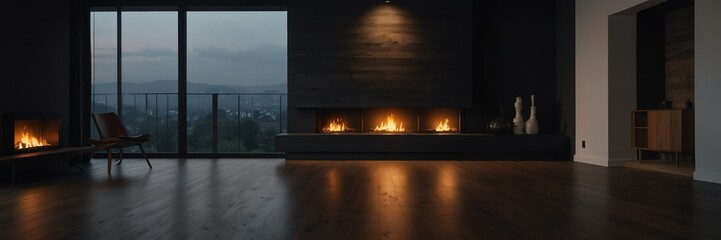 black theme empty living room home interior with wooden floor, fireplace and adequate lighting panoramic wide angle from Generative AI