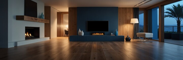 blue theme empty living room home interior with wooden floor, fireplace and adequate lighting panoramic wide angle from Generative AI