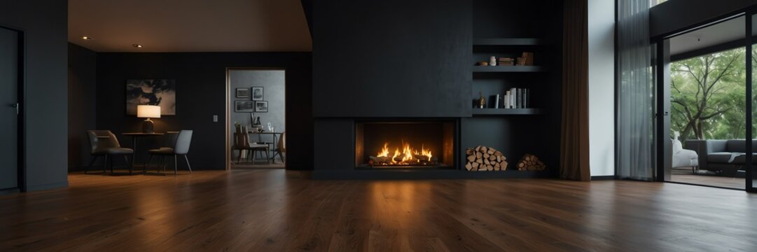black theme empty living room home interior with wooden floor, fireplace and adequate lighting panoramic wide angle from Generative AI