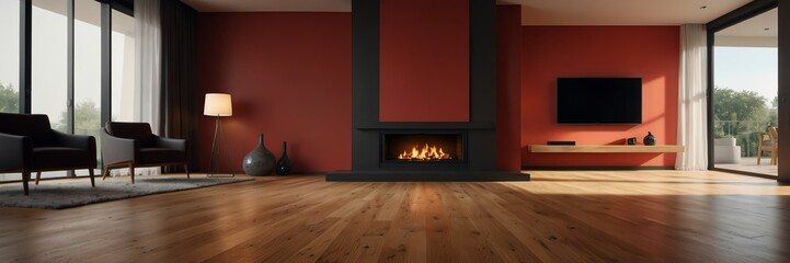 red theme empty living room home interior with wooden floor, fireplace and adequate lighting panoramic wide angle from Generative AI