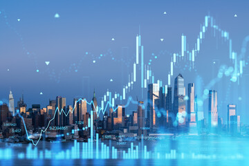 Double exposure of New York skyline and stock market charts, representing a concept of urban finance and investment. Double exposure