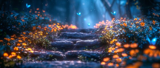An idyllic fantasy scene of a stone dungeon, a grotto cave, and a mystical glow. Fairytale imagery depicting a bluebell, a yellow rose flower, and flying blue butterflies.