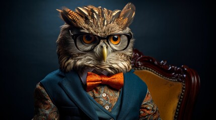 Visualize a sophisticated owl in a tailored vest, complete with a silk bow tie and spectacles. Against a backdrop of ancient trees, it exudes wisdom and scholarly charm. Mood: intellectual and refined