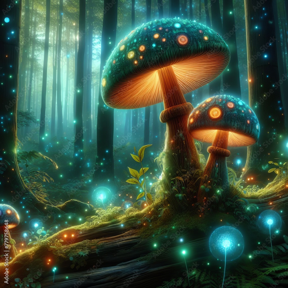 Poster Bioluminescent mushrooms illuminate a mystical forest, their glow creating an otherworldly ambiance beneath the twilight canopy.. AI Generation