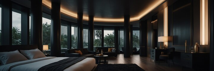 black theme luxury hotel bedroom modern interior with columns wide angle panoramic from Generative AI - obrazy, fototapety, plakaty