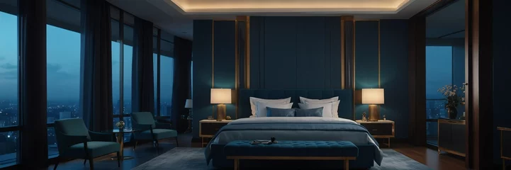 Fotobehang blue theme luxury hotel bedroom modern interior with columns wide angle panoramic from Generative AI © Arceli