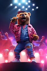 Happy singer with bear backup, flat design, vibrant stage lights, front view, cheerful palette, hyper realistic, super detailed , ultra HD, anime aesthetic