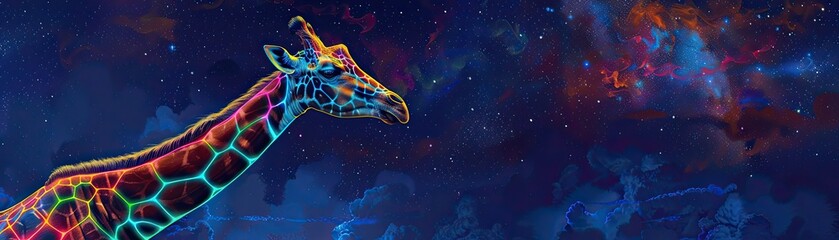 A giraffe with a pattern of neon lights along its neck