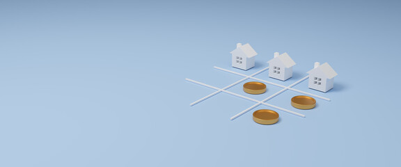 Home and real estate concepts, Tic tac toe xo game home and coin. Money saving to loan house, property of financial, money investment. Financial success and growth concept. Copy space. 3d rendering