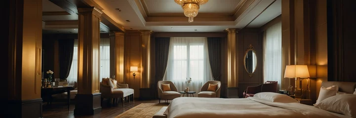 Fotobehang gold theme luxury hotel bedroom modern interior with columns wide angle panoramic from Generative AI © Arceli