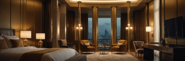gold theme luxury hotel bedroom modern interior with columns wide angle panoramic from Generative AI