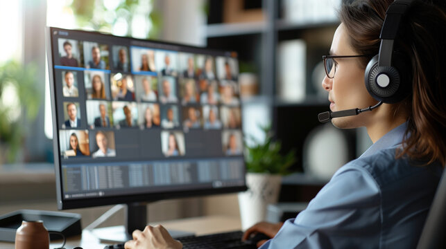 A woman sitting at a computer. She is on zoom and the screen show boxes with images of other people in a meeting