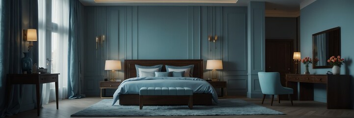 light blue theme luxury hotel bedroom modern interior with columns wide angle panoramic from Generative AI