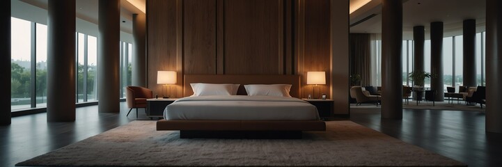 Fototapeta na wymiar minimalist theme luxury hotel bedroom modern interior with columns wide angle panoramic from Generative AI