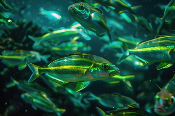 A school of fish with glowing neon stripes