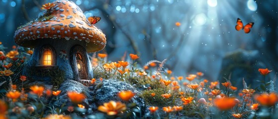 A magical fantasy mushroom house with window in forest enchanted by fairy tales, a wonderful flower garden blooming with roses, flying butterflies in mysterious blue, and moonlight in the night sky.