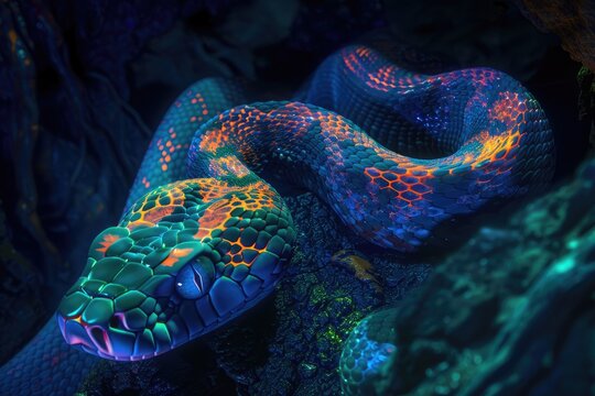 A snake slithering its scales flickering with neon patterns