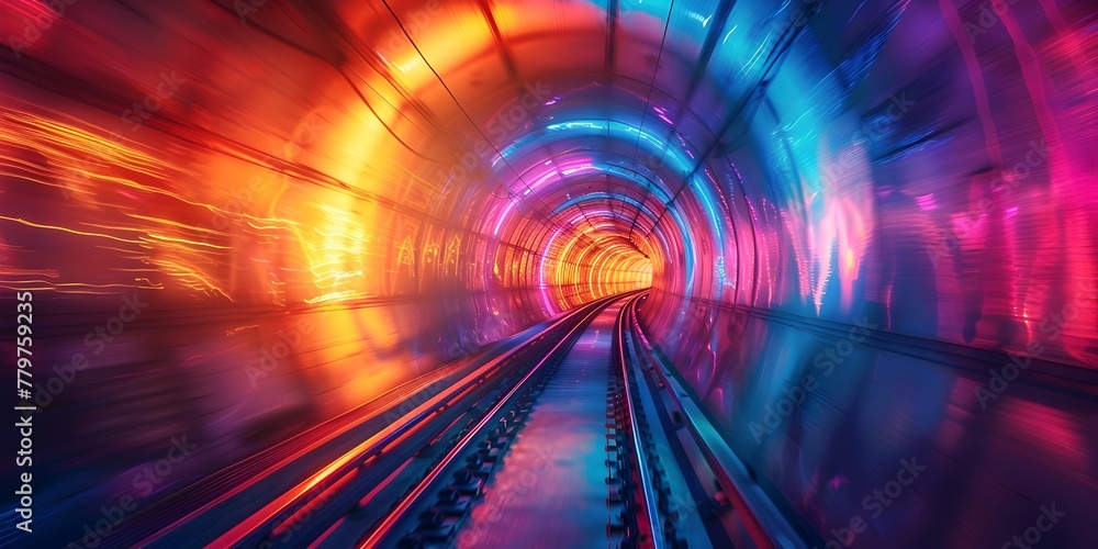 Poster mesmerizing neon lit tunnel transports viewers into a captivating futuristic journey of light and co