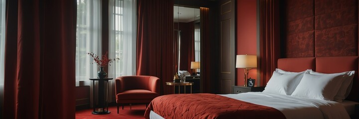 red theme luxury hotel bedroom modern interior with columns wide angle panoramic from Generative AI