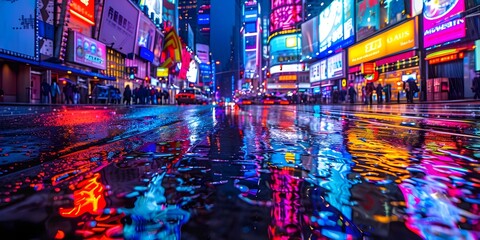 Mesmerizing Neon Lit Cityscape Reflected in Glistening Rainwater on Vibrant Urban Streets