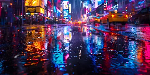 Dazzling Neon Reflections Illuminating the Vibrant Cityscape on a Rainy Night - obrazy, fototapety, plakaty