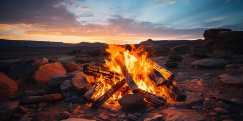 Fototapeta premium Campfire Blaze Against Twilight Sky in Rocky Landscape
