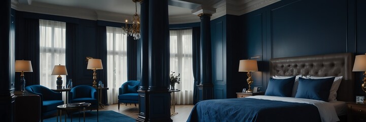 royal blue theme luxury hotel bedroom modern interior with columns wide angle panoramic from Generative AI