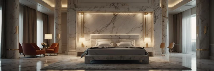 Deurstickers white marble theme luxury hotel bedroom modern interior with columns wide angle panoramic from Generative AI © Arceli