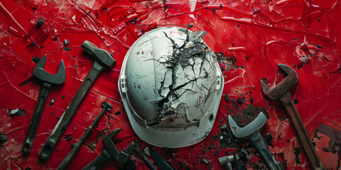 Industrial Accident Concept: Shattered Helmet Among Tools on Red - obrazy, fototapety, plakaty