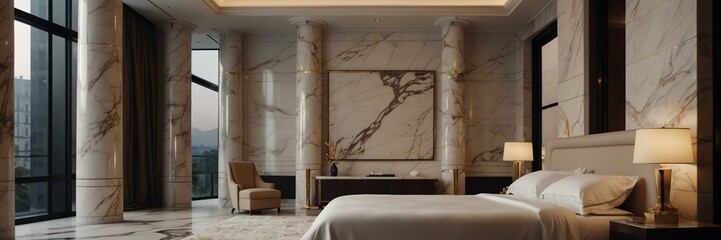 white marble theme luxury hotel bedroom modern interior with columns wide angle panoramic from Generative AI