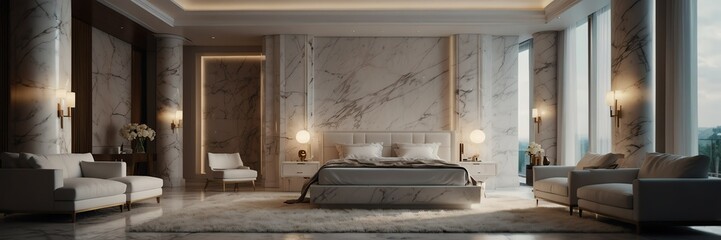 white marble theme luxury hotel bedroom modern interior with columns wide angle panoramic from Generative AI