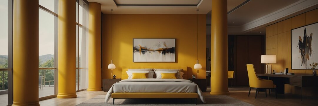 yellow theme luxury hotel bedroom modern interior with columns wide angle panoramic from Generative AI