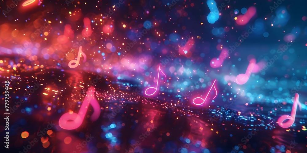 Poster mesmerizing musical harmony floating neon notes visualizing the fusion of sound and light