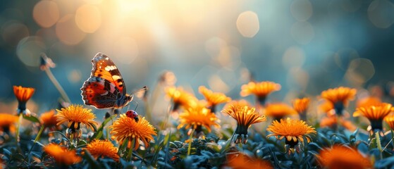 In a warmer climate, you may use a background of blooming yellow dandelions on a fresh, clean green lawn, with butterflies and red ladybugs sitting on blades of grass, a wide panoramic banner, and - obrazy, fototapety, plakaty