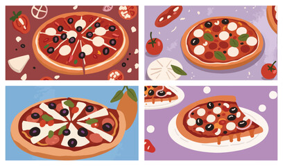 Set of Pizza. Sizzling Sausage Sensation. Delectable Pizza Delight. Vector Illustration.